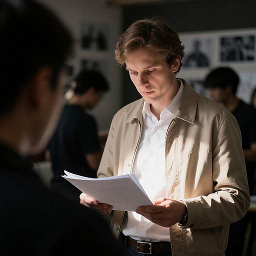 Man Reading Documents in Dramatic Light