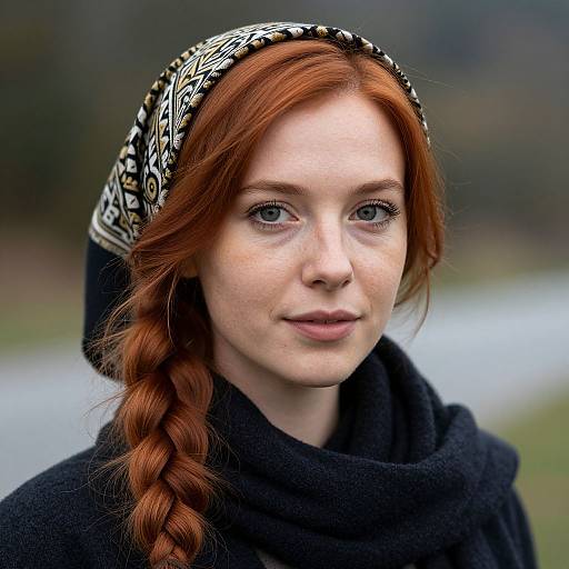 Photograph of a fair-skinned, red-haired woman with freckles, wearing a black scarf and patterned headscarf, with a b
