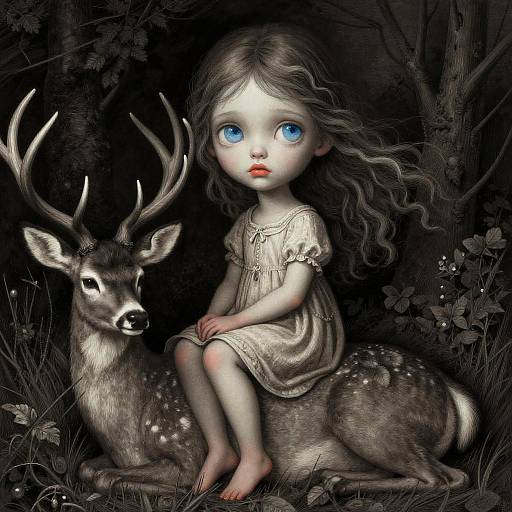 Digital painting of a pale, blue-eyed girl with wavy gray hair, wearing a white dress, sitting on a gray deer with large antlers in