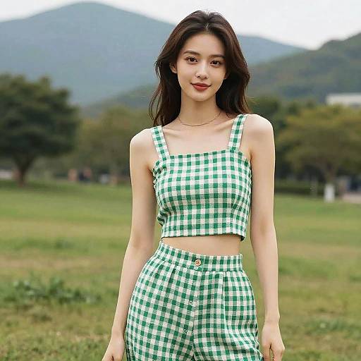 Chic Woman in Scenic Gingham Outfit