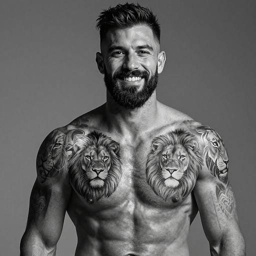 Confident Muscular Man with Lion Tattoos