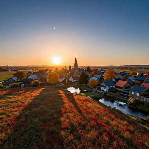 Aerial photograph of a picturesque village at sunset, featuring a church steeple, colorful autumn foliage, sunlit houses, and a reflecting river,
