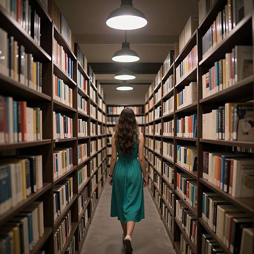 Photograph of a woman with long brown hair in a teal dress, walking down a library aisle with tall, illuminated bookshelves on both sides.