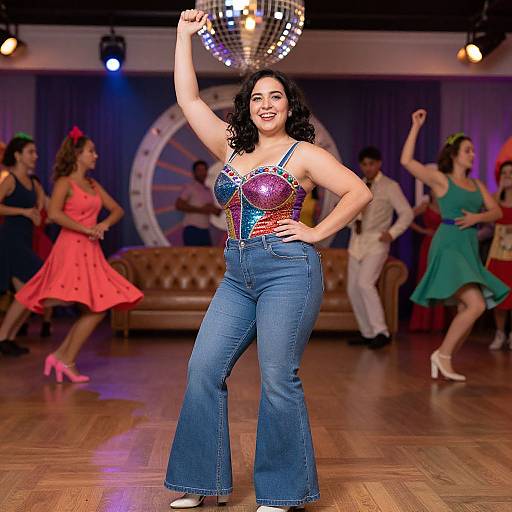 Photograph of a curvy woman with dark curly hair, wearing a sparkly multicolored top and flared blue jeans, dancing on a wooden