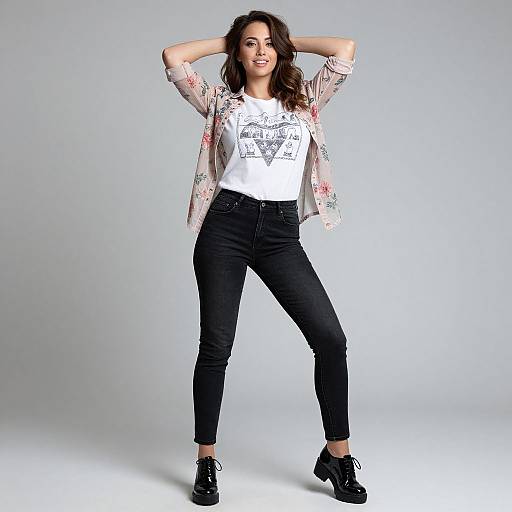 Photograph of a smiling woman with long brown hair, wearing a floral cardigan, white graphic t-shirt, black jeans, and black boots, standing