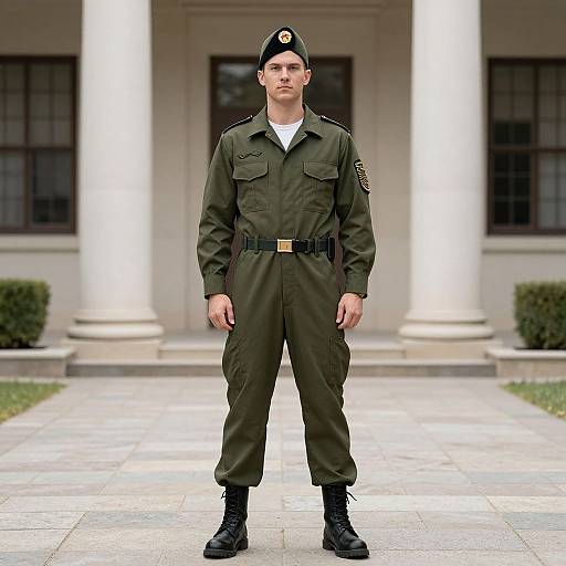 Photograph of a young male soldier in olive green uniform with black boots, standing in front of a white-columned building.
