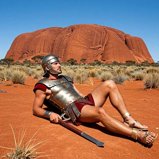 Photograph of a muscular man in silver Roman armor, red loincloth, and sandals, reclining on red desert sand with a sword, Ul