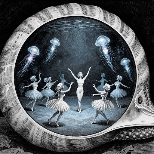 Digital illustration of ballet dancers in tutus, surrounded by glowing jellyfish, within a circular, textured frame against a dark blue background.