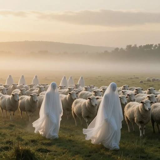 Photograph of a misty pasture at sunrise, featuring a herd of white sheep and three ghostly, white-robed figures among them.