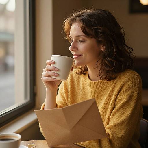 Photograph of a curly-haired woman in a yellow sweater, smiling while holding a white mug, sitting by a window with brown paper in hand. Soft
