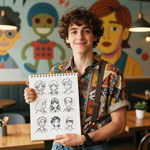 Young man with curly hair, wearing vibrant patterned shirt, holds sketchbook of cartoon-style portraits, standing in colorful, mural-decorated café.