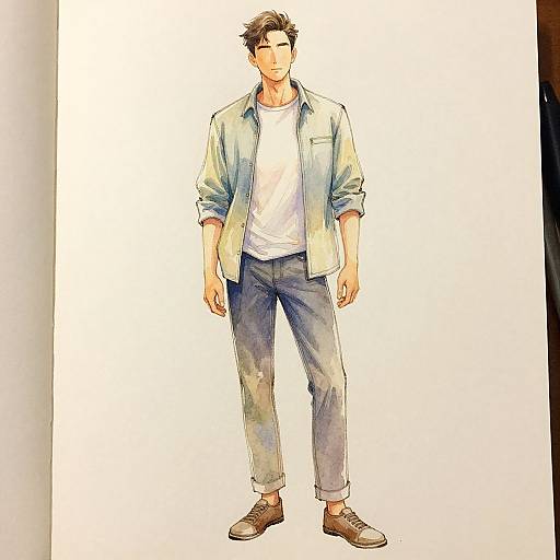 Digital illustration of a handsome, tall man with short brown hair, wearing a light blue shirt, white t-shirt, and gray pants, standing confidently with
