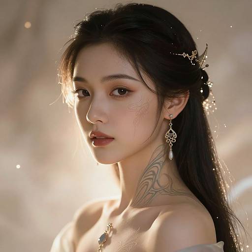 Photorealistic digital portrait of an Asian woman with long black hair, fair skin, intricate neck tattoo, delicate earrings, and soft sunlight illuminating her