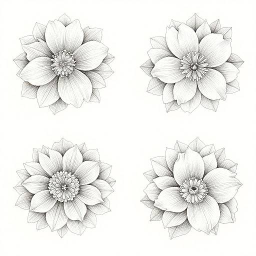 Black-and-white detailed pencil drawing of four symmetrical, multi-petaled flowers arranged in a 2x2 grid on a white background.