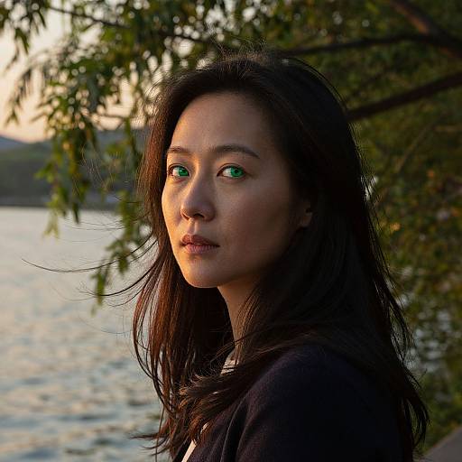 East Asian Woman with Green Eyes by Lake at Dusk