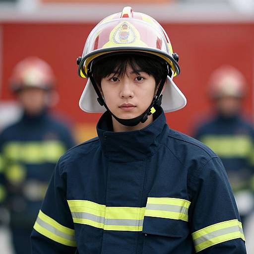 Photograph of an Asian male firefighter with short black hair, wearing a white helmet, black uniform with yellow stripes, and serious expression, standing in front