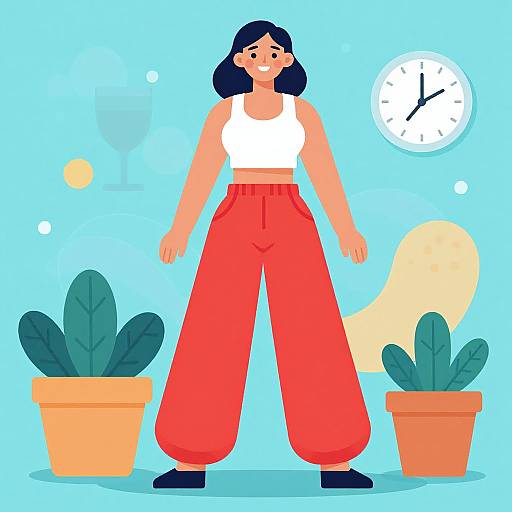 Illustration of a smiling woman with black hair, wearing a white tank top and red high-waisted pants, standing between two potted cact