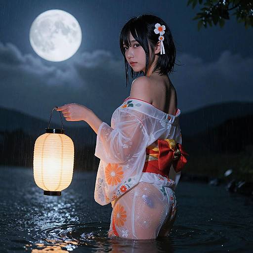 Photograph of an Asian woman in a wet, floral kimono, holding a glowing lantern, standing in a moonlit lake at night, with mountains