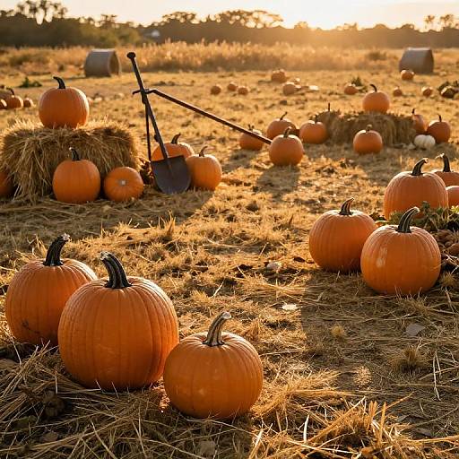 Photograph of a sunlit pumpkin patch with scattered pumpkins, hay bales, and a shovel, casting warm, golden hues.