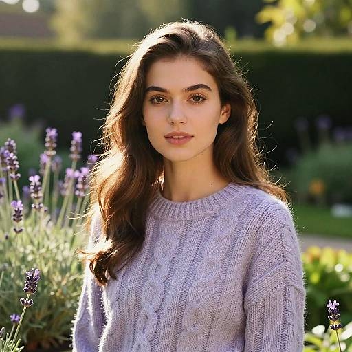 Photograph of a young woman with long brown hair, fair skin, and brown eyes, wearing a light purple knitted sweater, standing in a sun