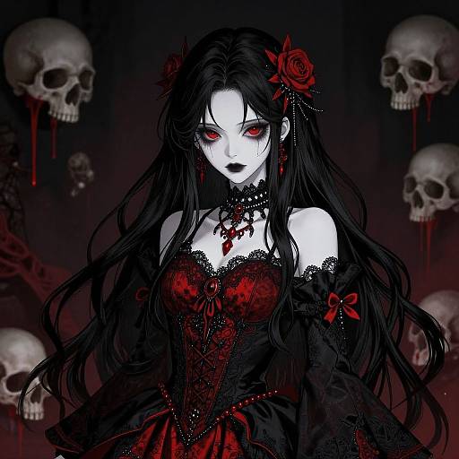 Digital gothic anime artwork: Pale-skinned woman with black hair, red eyes, and black-red lace dress, surrounded by floating skulls. Red roses