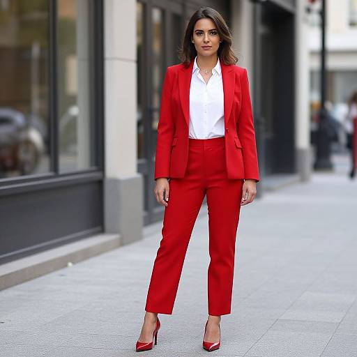 Photograph of a confident woman with olive skin, dark brown hair, wearing a red blazer, white shirt, red pants, and red heels,