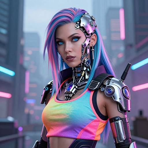 Cyberpunk woman with neon blue and pink hair, robotic arm, and shoulder, wearing a colorful tank top, in a futuristic city.