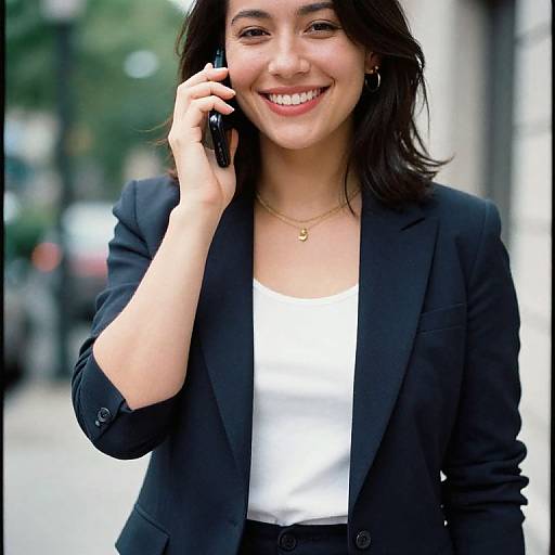 Photograph of a smiling young woman with dark hair, wearing a black blazer and white top, holding a phone to her ear. Background is blurred