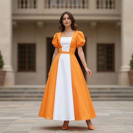 Photograph of a woman with dark hair in an orange and white dress with puffed sleeves, standing in front of a historic building. She wears orange