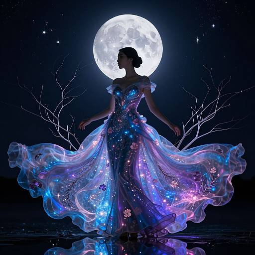 Silhouetted woman in glowing, cosmic-themed, iridescent dress with blue, purple, and pink lights, stands before a full moon and