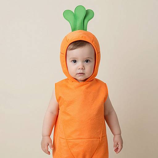 Photograph of a baby with fair skin, wearing an orange carrot costume with green leaf-like ears, standing against a plain white background.