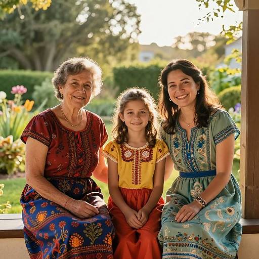 Photograph of an older woman, a young girl, and a younger woman sitting together outdoors, wearing colorful, embroidered dresses, smiling, with a sun