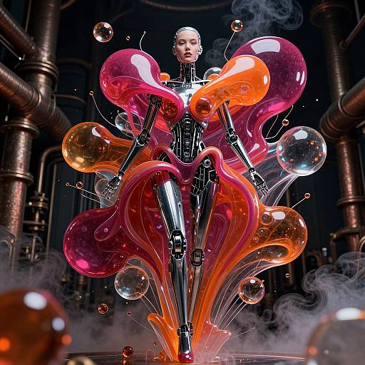 Digital artwork of a futuristic, bald, androgynous robot with glossy black armor, surrounded by vibrant pink, orange, and translucent bubbles in a