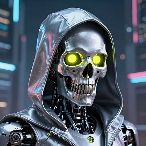 CGI image of a shiny metallic skull with glowing yellow eyes, wearing a reflective silver hooded jacket, set against a futuristic cityscape with neon lights