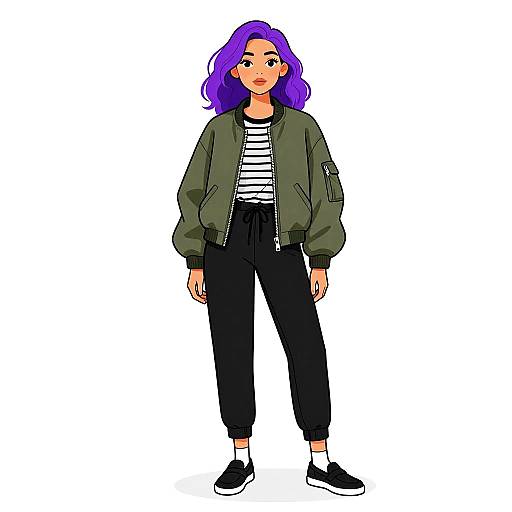 Woman in Casual Streetwear with Purple Hair