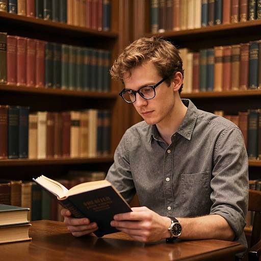 Photograph of a young white man with short brown hair and black-rimmed glasses, wearing a gray button-up shirt, reading a book in a