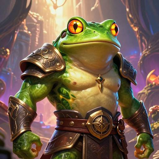 CGI image of a muscular, green frog warrior with orange eyes, wearing medieval-style armor and belt, standing in a glowing, futuristic dungeon.