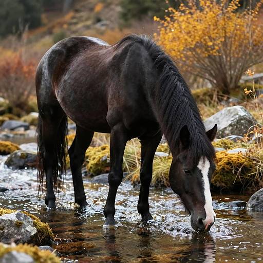 Photograph of a black horse with a white blaze, drinking from a rocky stream in an autumn forest, surrounded by orange foliage and moss-covered rocks.