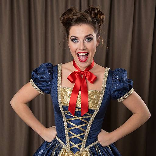 Photograph of a woman with fair skin, brown hair in buns, blue and gold corset dress, red bow, hands on hips, wide