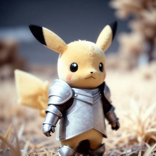 Photograph of a small, cute Pikachu doll dressed in shiny silver armor, standing on dry grass with a blurred forest background.