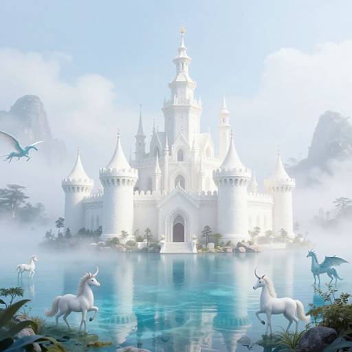Digital fantasy artwork of a white, castle-like structure surrounded by mist, with two white unicorns in a reflective, blue pond in the foreground. Two