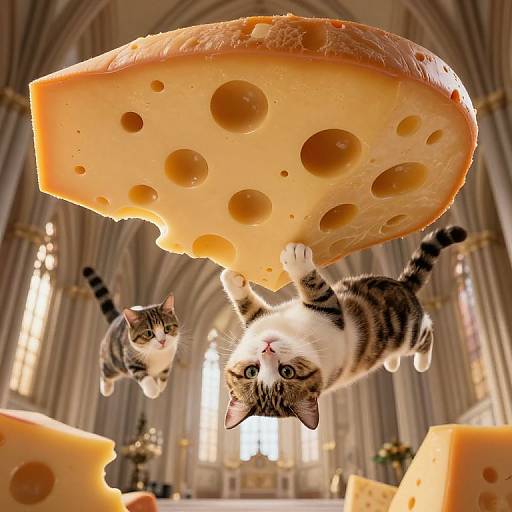 Photograph of two flying tabby kittens under a large Swiss cheese wheel in a grand, sunlit cathedral with arched windows.
