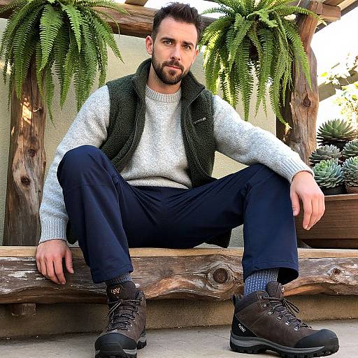 Photograph of a bearded man with dark hair, wearing a green vest, white sweater, black pants, and brown boots, sitting on a wooden