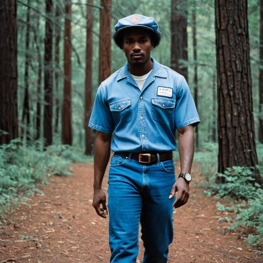 Man in Blue Workwear Walking in Forest