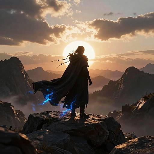 Silhouetted fantasy warrior with flowing cloak, glowing blue energy, stands on rocky peak at sunset, surrounded by misty mountains. Digital art.