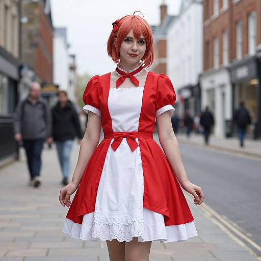 Photograph of a young woman with red bob haircut, wearing a red and white maid dress, standing on a city street with blurred pedestrians.