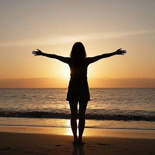 Silhouetted woman with outstretched arms stands on beach at sunset, golden sky reflecting on calm ocean. Photograph captures peaceful, serene moment.