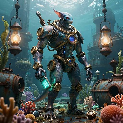 Bioluminescent Mech-Merfolk Engineer Underwater