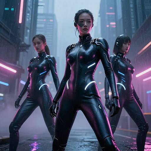 Cyberpunk cityscape at night, three women in black, glossy, neon-accented bodysuits standing confidently in rain, neon lights reflecting