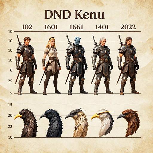 Digital artwork comparing five male warriors with varying armor styles and heights, alongside four bird species, set against a beige parchment background. 
